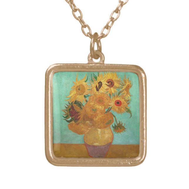 Vincent Van Gogh Twelve Sunflowers In A Vase Gold Plated Necklace (Front)