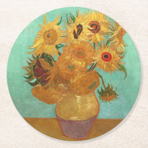 Vincent Van Gogh Twelve Sunflowers In A Vase Round Paper Coaster