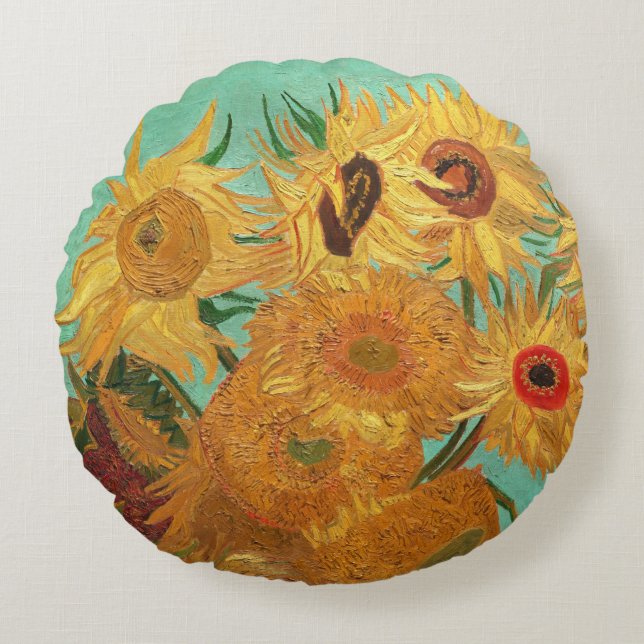 Vincent Van Gogh Twelve Sunflowers In A Vase Round Pillow (Front)