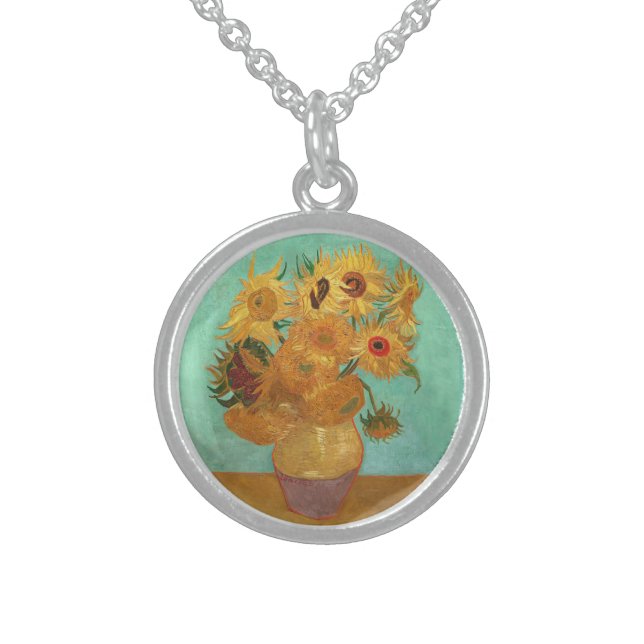Vincent Van Gogh Twelve Sunflowers In A Vase Sterling Silver Necklace (Front)