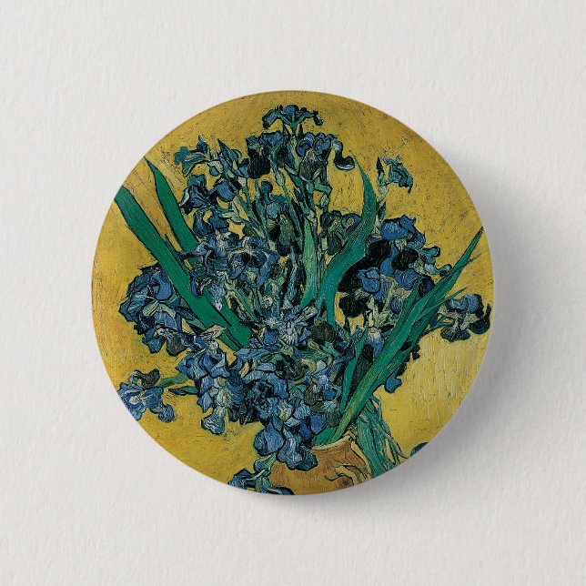 Vincent van Gogh - Vase w Irises Yellow Background Pinback Button (Front)