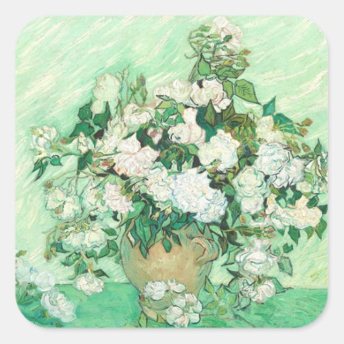Vincent Van Gogh Vase With Pink Roses Square Sticker