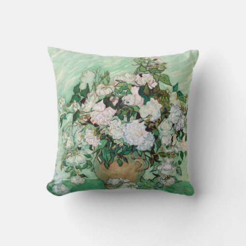 Vincent van Gogh Vase with Pink Roses Throw Pillow