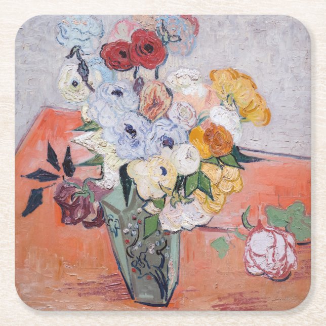 Vincent van Gogh - Vase with Roses & Anemones Square Paper Coaster (Front)