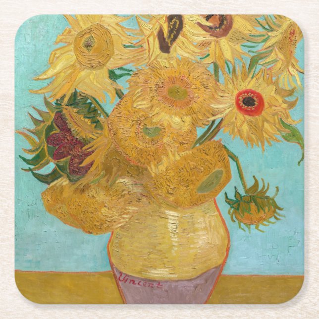 Vincent Van Gogh - Vase with Twelve Sunflowers Square Paper Coaster (Front)