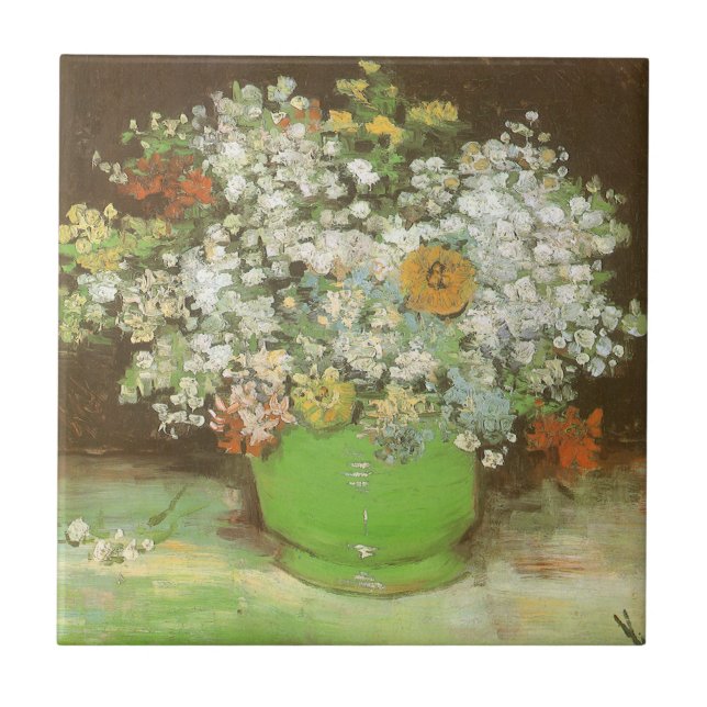 Vincent van Gogh - Vase with Zinnias and Flowers Ceramic Tile (Front)