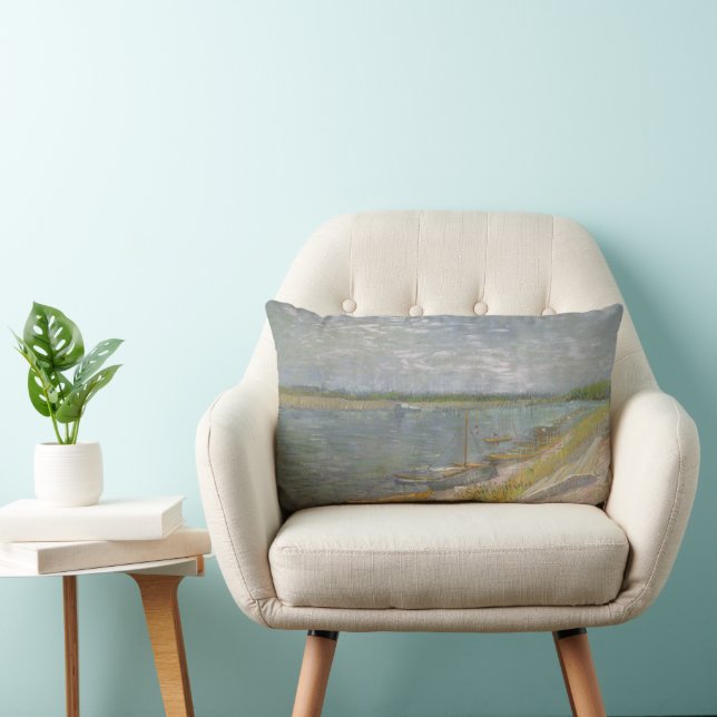 Vincent van Gogh - View of a River w Rowing Boats Lumbar Pillow (Chair)