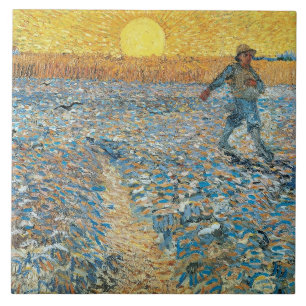 Vincent Van Gogh Vintage Sower at Sunset Canvas Ceramic Tile