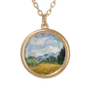 Vincent Van Gogh Wheat Field With Cypresses Gold Plated Necklace