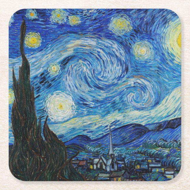 Vincent Van Gogh's The Starry Night Square Paper Coaster (Front)