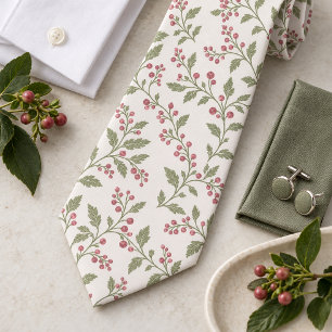 Vine & Berry Christmas Pattern Sage Cran ID1337 Neck Tie