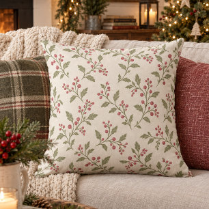 Vine & Berry Christmas Pattern Sage Cran ID1337 Throw Pillow