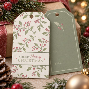Vine & Berry Merry Christmas Pattern Sage ID1337 Gift Tags