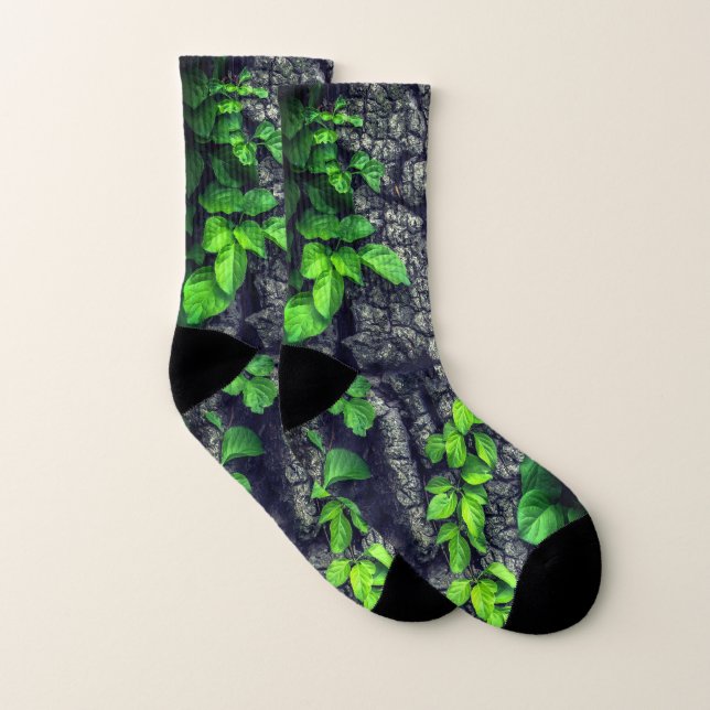 Vine covered tree bark gray green socks (Pair)