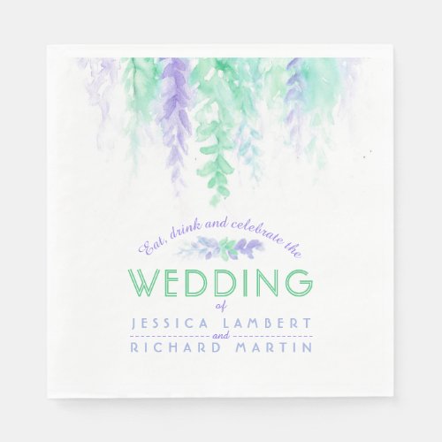 Vine floral art green purple wedding napkins