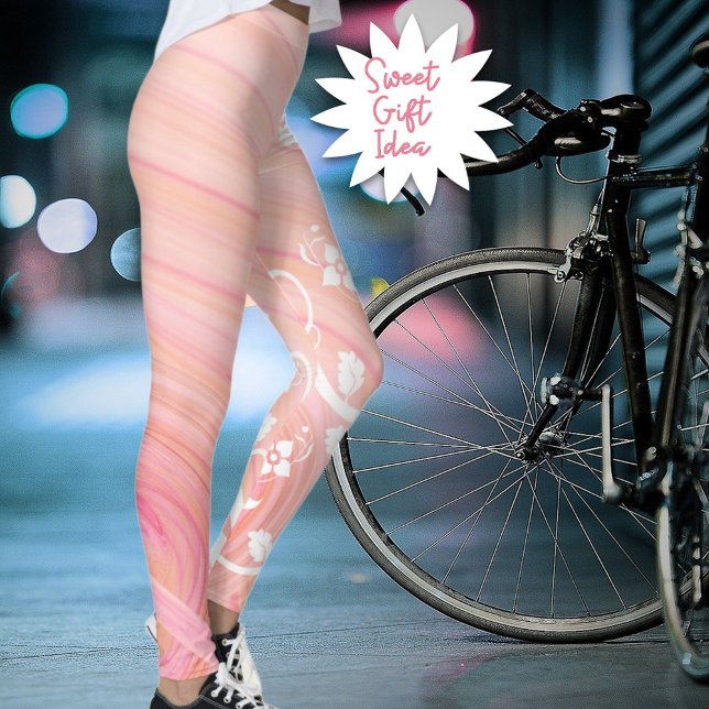 Vine & Flower Scroll Over Peach and Pink Spiraled Leggings (Pink and peach spirals wrap these leggings with a slight white floral addition for you or as a gift.)