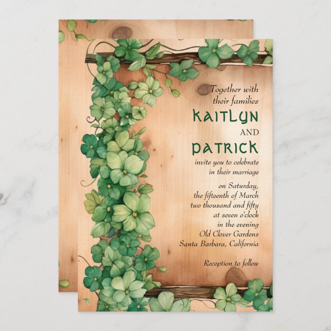Vine on wood St Patrick's Day QR rustic wedding Invitation (Front/Back)