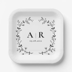 Vine Scroll Wedding Monogram, Couple's Initials Paper Plates