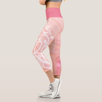Vines and Flowers Over Peach and Pink Spirals Capri Leggings