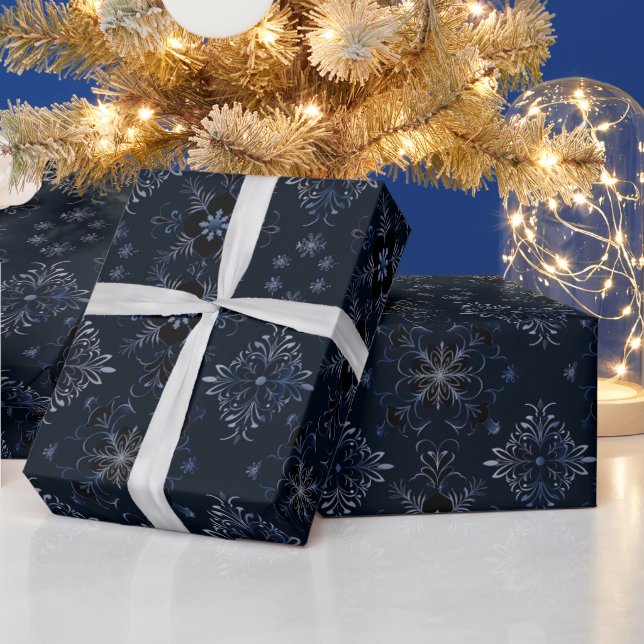 Vines Flowers Botanical Blue Black Christmas Wrapping Paper (Holidays)