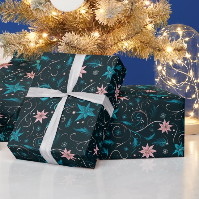 Vines Flowers Botanical Green Pink Christmas Wrapping Paper (Holidays)