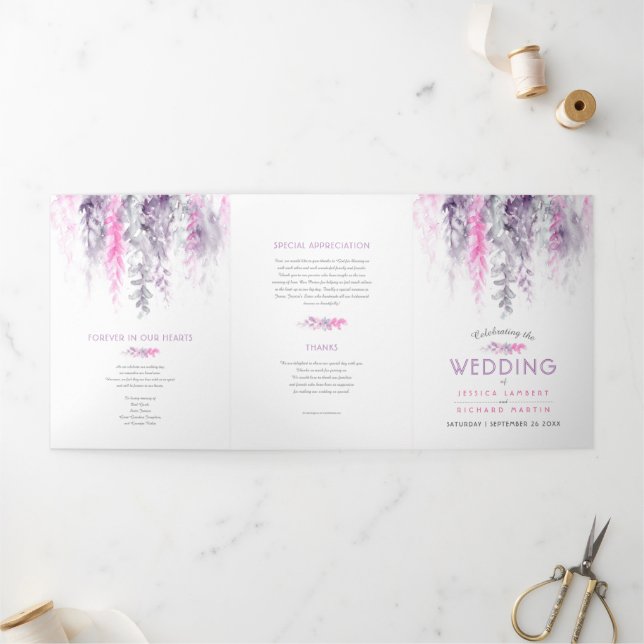 Vines indigo purple pink watercolor wedding Tri-Fold program (Outside)