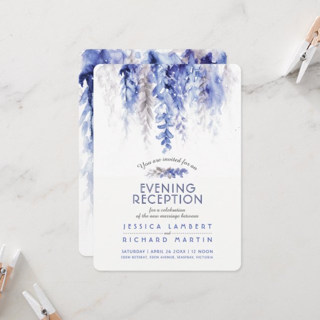 Vines winter wedding evening reception blue gray invitation (Front/Back In Situ)