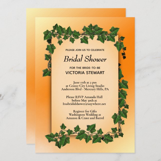 Vines with Gift Register Orange Bridal Shower Invitation (Front/Back)