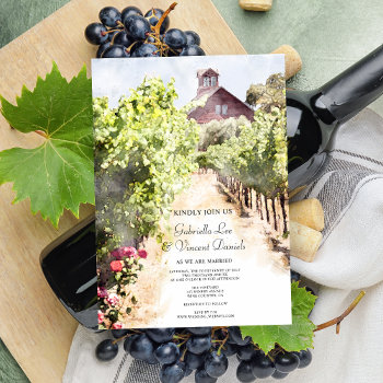 Vineyard And Red Barn Watercolor Wedding Invitation by loraseverson at Zazzle