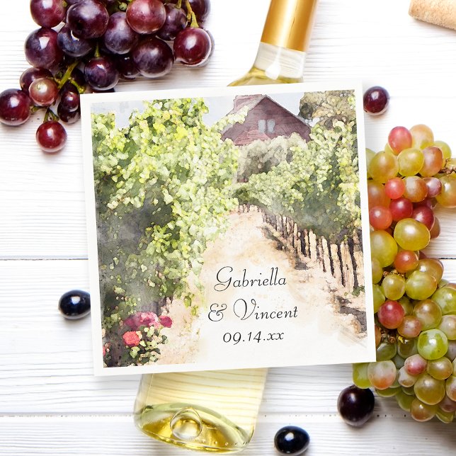 Vineyard and Red Barn Watercolor Wedding Napkins (Perfect inspo for your vineyard marriage reception cocktail hour or winery bridal shower.)