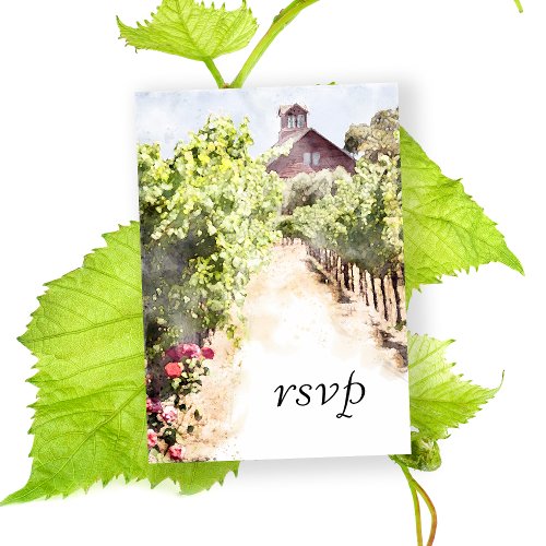 Vineyard and Red Barn Watercolor Wedding RSVP Card