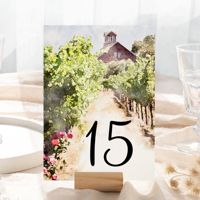 Vineyard and Red Barn Watercolor Wedding  Table Number (Pull your look together with these rustic Vineyard and Red Barn Wedding Table numbers. )