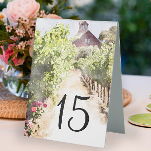 Vineyard and Red Barn Watercolor Wedding  Table Tent