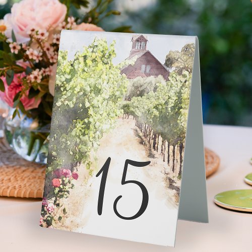 Vineyard and Red Barn Watercolor Wedding  Table Tent Sign