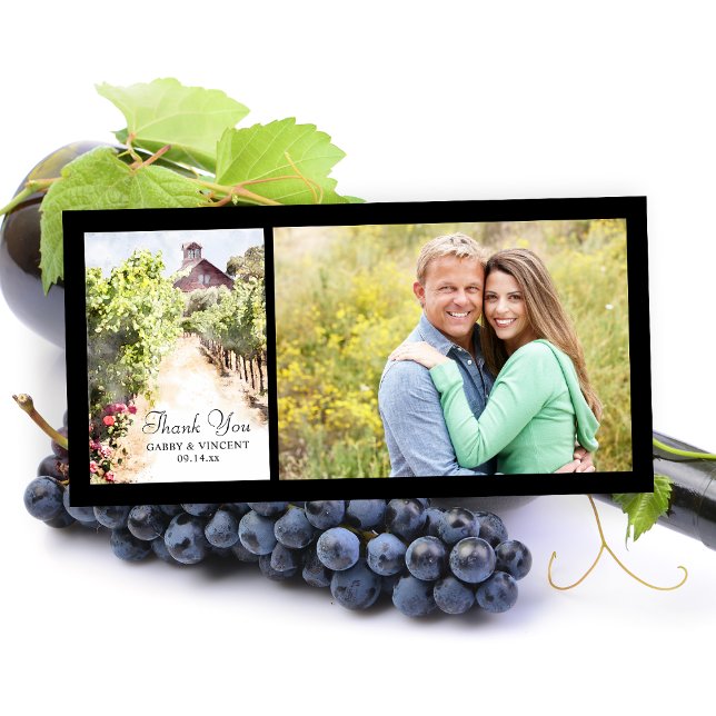Vineyard and Red Barn Watercolor Wedding Thank You Card (Say thanks after your winery wedding or shower with the Vineyard and Red Barn Thank You Photo Card.)