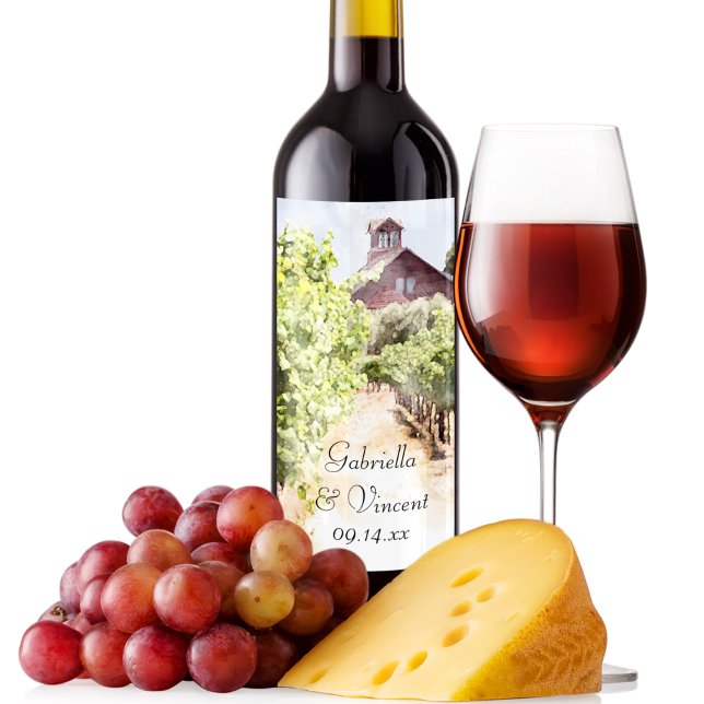 Vineyard and Red Barn Watercolor Wedding Wine Label (Create your own personal wine labels for your vineyard wedding reception or shower theme.)
