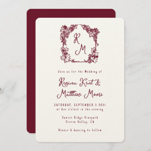 Vineyard Crest Monogram Burgundy Wine Wedding Invitation