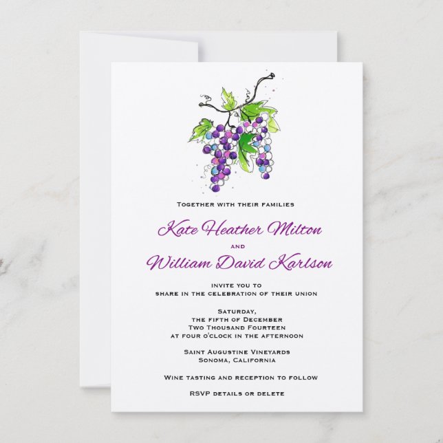 Vineyard Love Artistic Grapes Wedding Invitation (Front)