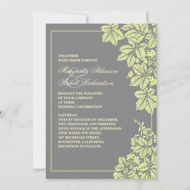 vineyard or garden gray & yellow wedding invites (Front)