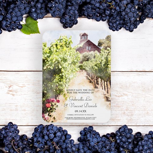 Vineyard Red Barn Watercolor Wedding Save the Date Magnet