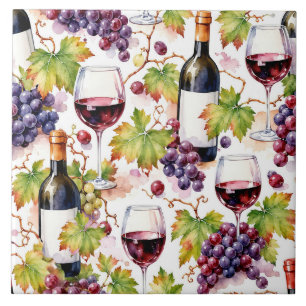Vineyard Wine and Grape Watercolor Ceramic Tile