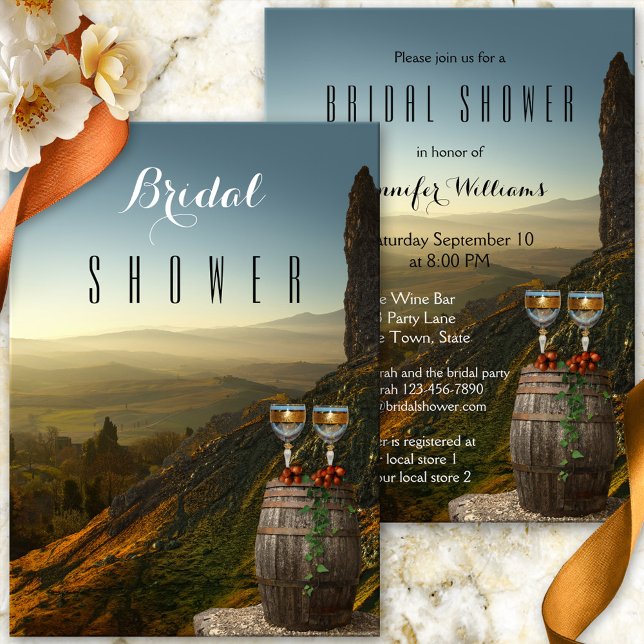 Vineyard Wine Themed Bridal Shower Invitation (Wine bridal shower invitation showing a painted landscape with wine glasses and grapes on a barrel)