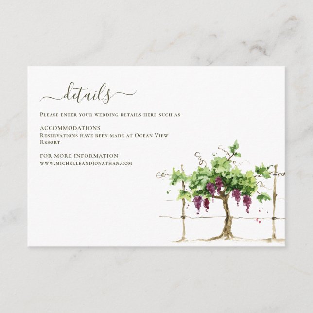 Vineyard Winery Grapevine Wedding Details Card (Front)
