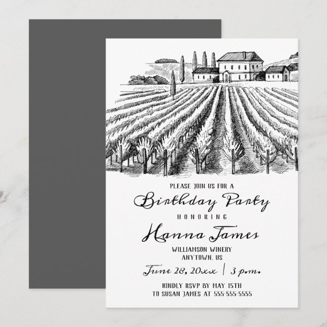 Vineyard Winery Rustic Sketch Birthday Party Invitation (Front/Back)