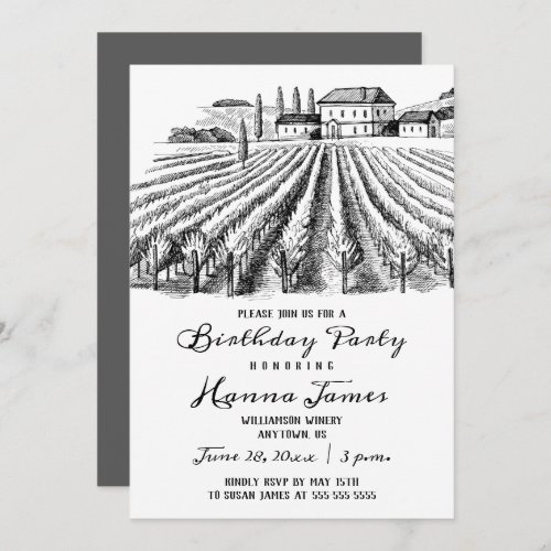 Vineyard Winery Rustic Sketch Birthday Party Invitation