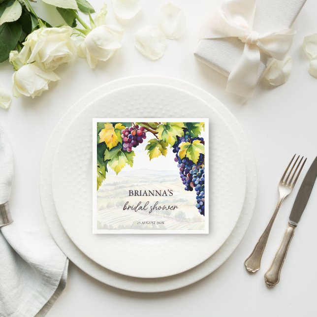 Vineyard winery summer bridal shower printed napkins (Vineyard winery summer grapes vines bridal shower monogram printed napkins personalized table decor)