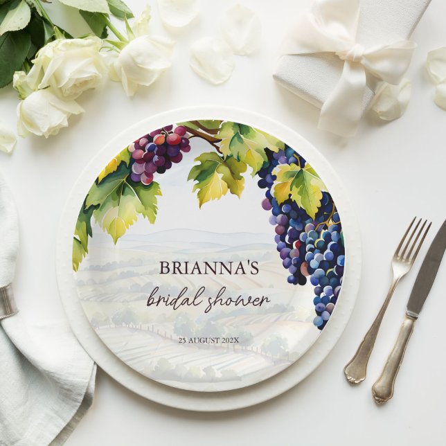 Vineyard winery summer bridal shower printed paper plates (Vineyard winery summer grape bunches bridal shower monogram printed paper plates personalized decor)
