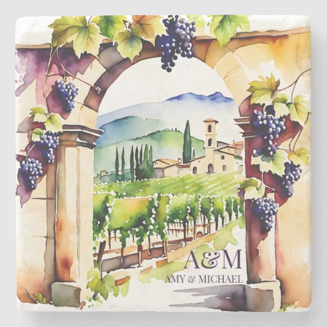Vineyard winery wedding favors monogrammed stone coaster (Front)