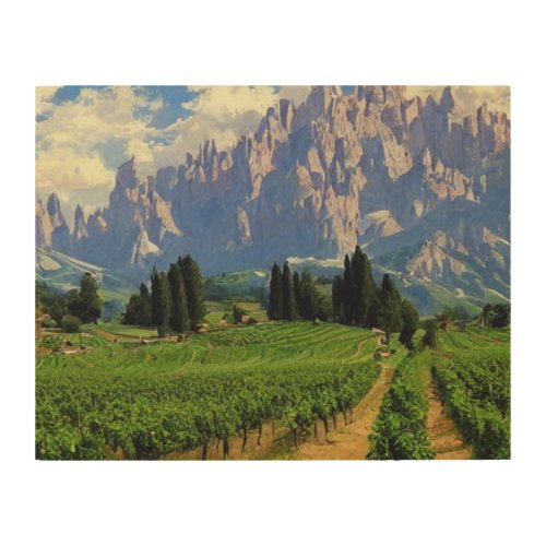 Vineyards surrounded by Dolomite mountains Wood Wall Art