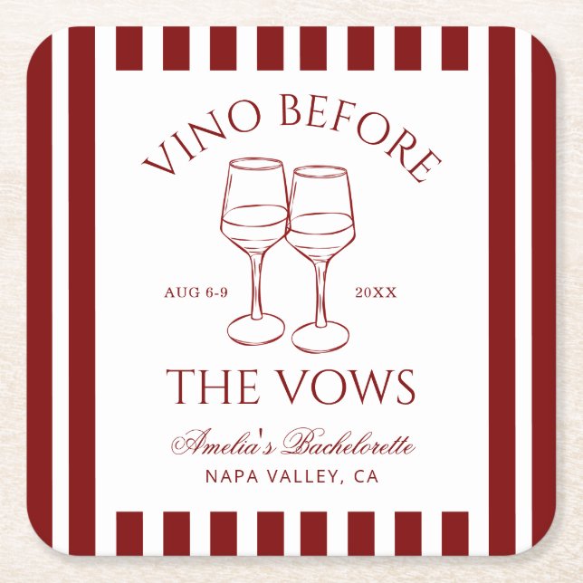 Vino Before the Vows Bachelorette Weekend Square Paper Coaster (Front)